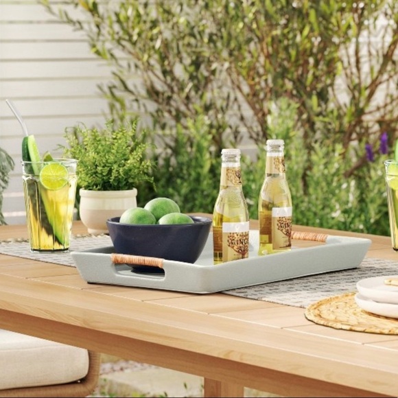 NWT rectangular earthenware tray w/rattan skin handles threshold studio McGee - Picture 2 of 5